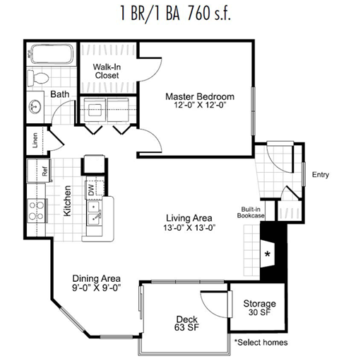 Floor plan for 1 bed, 1 bath, 760 sqft